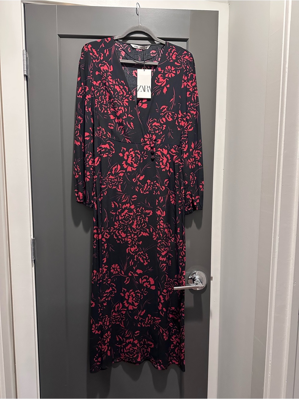 ZARA Black Maxi Dress with Red Floral Pattern